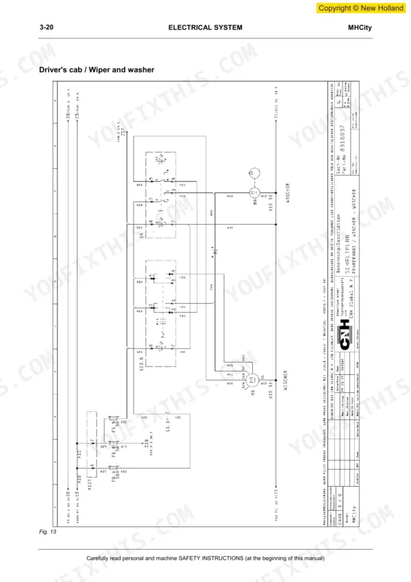 new-holland-mhcity-mhplus-mh5-6-hydraulic-excavator-workshop-manual-604-13-557-wiring-154.webp New Holland MHCity, MHPlus, MH5.6 wiring diagram for driver's cab wiper and washer system showing motors and switches.