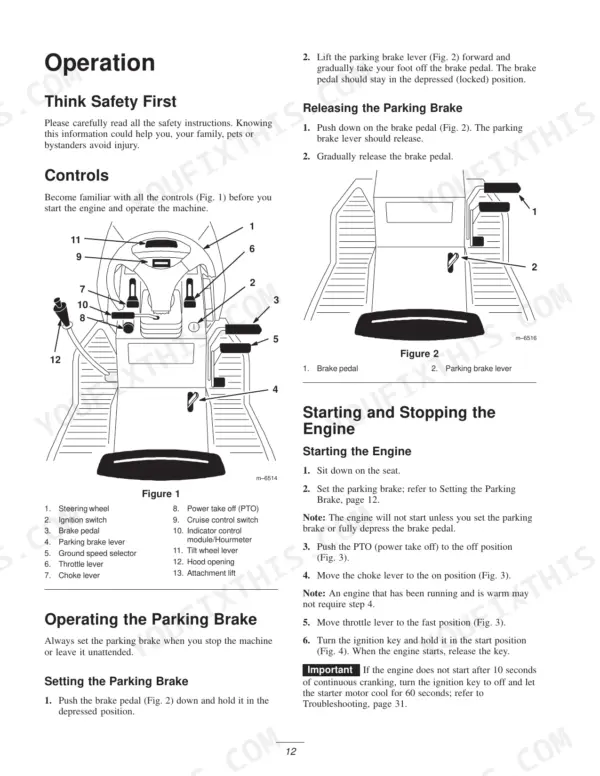 new-holland-my16-yard-tractor-operator-manual-87040089-operations-12.webp New Holland MY16 operator manual page 12 showing control diagrams, parking brake operation, and engine starting procedures.