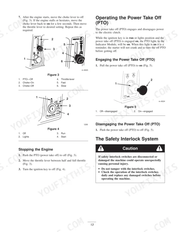 New Holland MY16 operator manual showing PTO engagement, engine starting, throttle, choke, ignition, and safety interlock procedures.