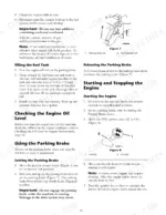 new-holland-mz19h-riding-mower-operator-manual-87369219-operations-14.webp New Holland MZ19H manual page 14: procedures for filling fuel, using the parking brake, and starting the engine with diagrams.