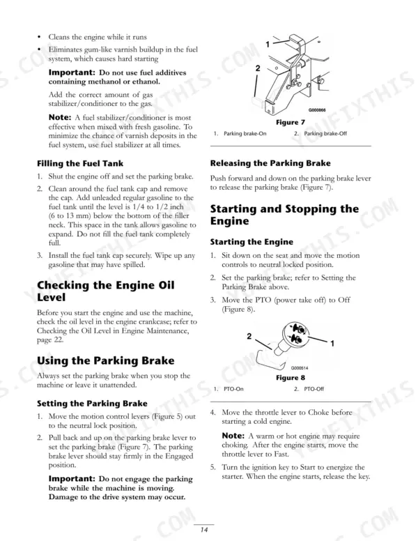 New Holland MZ19H manual page 14: procedures for filling fuel, using the parking brake, and starting the engine with diagrams.