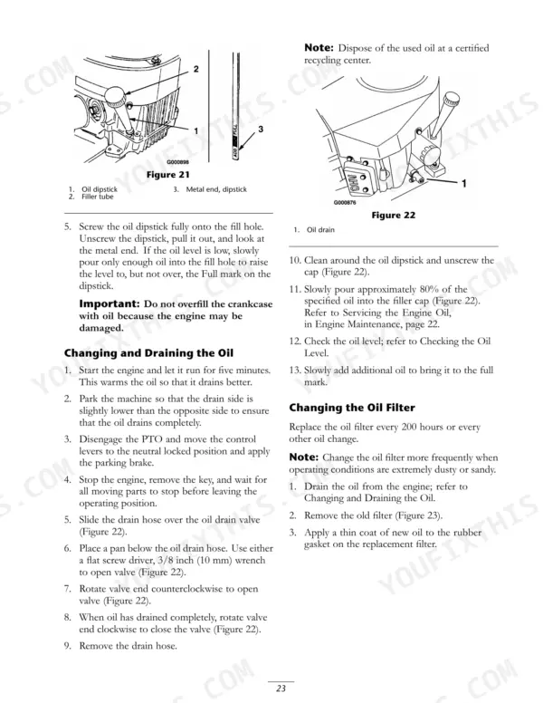 New Holland MZ19H engine oil change, draining, and filter replacement procedures with dipstick and drain valve diagrams.