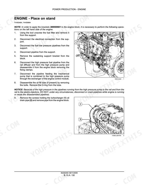 New Holland NEF, F4CE9484, F4CE9684, F4DE9484, F4DE9684, F4DE9687, F4GE9484, F4GE9684, F4HE9484, F4HE9684 engine stand mounting procedure.