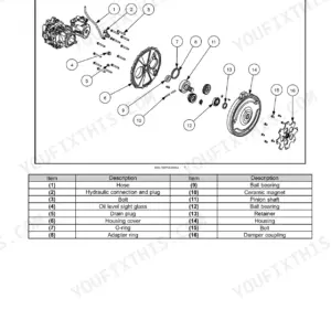 New Holland SP2500 Defensor pump-drive gearbox exploded view diagram with parts list for housing, pinion shaft, and bearings.