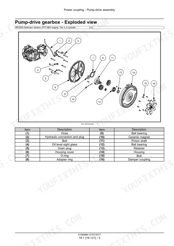 new-holland-sp2500-sprayer-service-manual-51564864-exploded-view-76.webp New Holland SP2500 Defensor pump-drive gearbox exploded view diagram with parts list for housing, pinion shaft, and bearings.