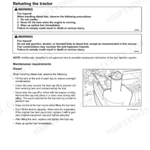 New Holland T2304 operating instructions for refueling the tractor, including safety warnings and fuel cap maintenance diagram.