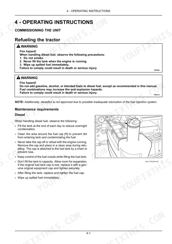 new-holland-t2304-tractor-operator-manual-51426106-operations-117.webp New Holland T2304 operating instructions for refueling the tractor, including safety warnings and fuel cap maintenance diagram.