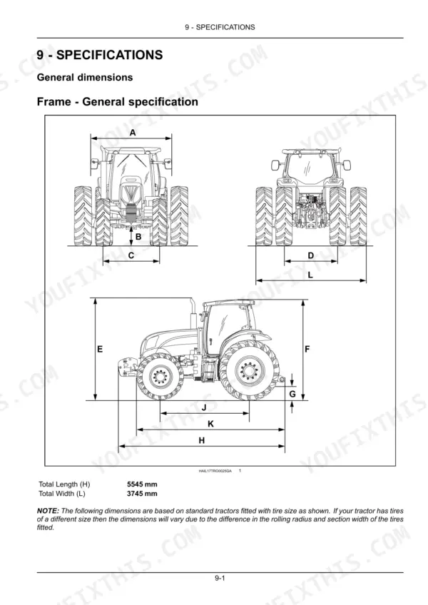 New Holland T2304 tractor general dimensions diagram showing frame specifications, length, and width measurement points.