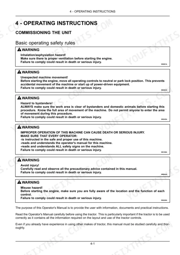 New Holland T4.115 operator manual page detailing basic operating safety rules and commissioning the unit procedures.