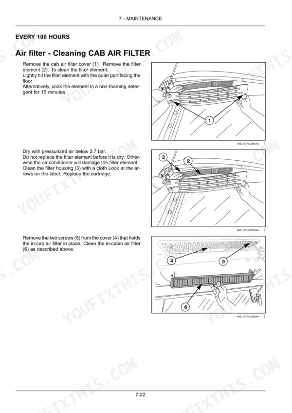 New Holland T4.55S, T4.65S, T4.75S maintenance procedure for cleaning the cab and in-cabin air filter elements.