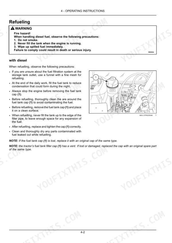 New Holland T4.80V, T4.90V, T4.100V, T4.110V refueling procedure and fuel tank cap diagram with safety warnings.