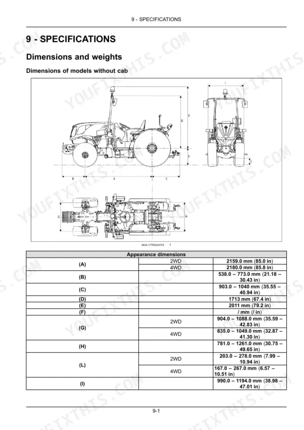 New Holland T4.80V, T4.90V, T4.100V, T4.110V tractor dimensions and weights diagram and appearance specifications table.