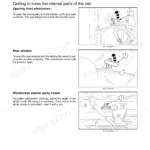 New Holland T4.80F, T4.90F, T4.100F, T4.110F manual: instructions for opening cab front windscreen, rear window, and adjusting washer nozzle.