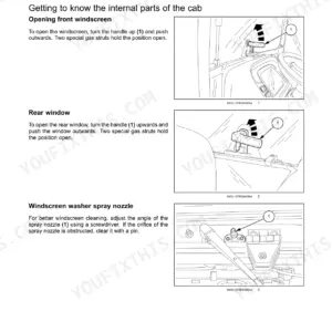 New Holland T4.80F, T4.90F, T4.100F, T4.110F manual: instructions for opening cab front windscreen, rear window, and adjusting washer nozzle.