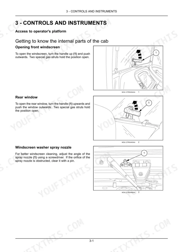 new-holland-t4-series-tractor-operator-manual-47847507-controls-63.webp New Holland T4.80F, T4.90F, T4.100F, T4.110F manual: instructions for opening cab front windscreen, rear window, and adjusting washer nozzle.