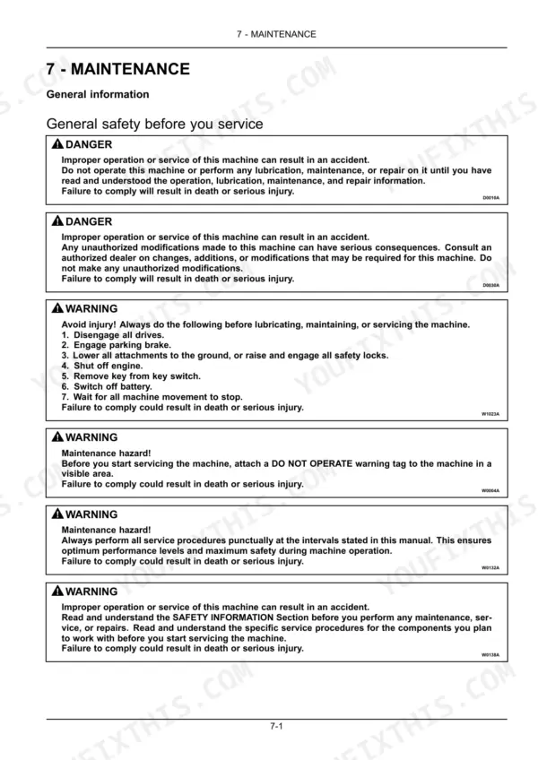 New Holland T4.80F, T4.90F, T4.100F, T4.110F maintenance manual page detailing general safety procedures before servicing the tractor.