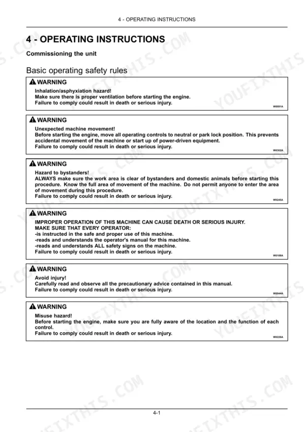 New Holland T4.80F, T4.90F, T4.100F, T4.110F operating instructions page listing basic safety rules and engine start warnings.