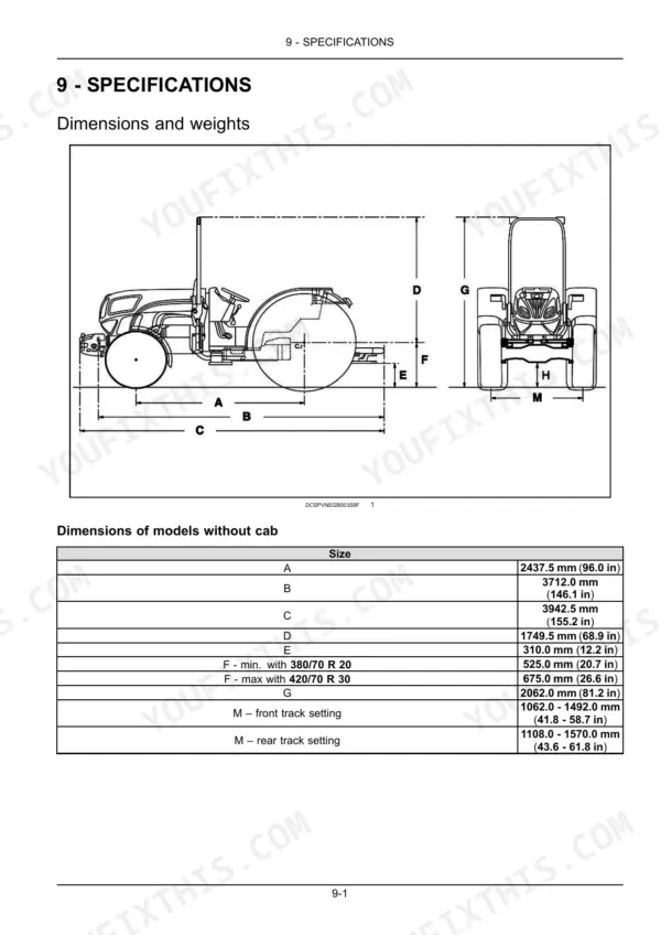 New Holland T4.80F, T4.90F, T4.100F, T4.110F tractor dimensions and weights specification table for models without cab.
