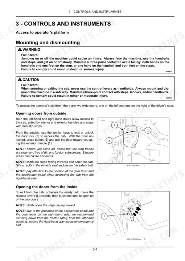 new-holland-t4-series-tractor-operator-manual-48132256-controls-73.webp New Holland T4.80F, T4.90F, T4.100F, T4.110F operator manual page for mounting, dismounting, and opening cab doors.