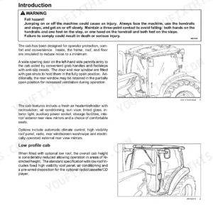 New Holland T5.110-T5.140 AutoCommand operator manual: cab access, safety warnings, and low profile cab diagrams.