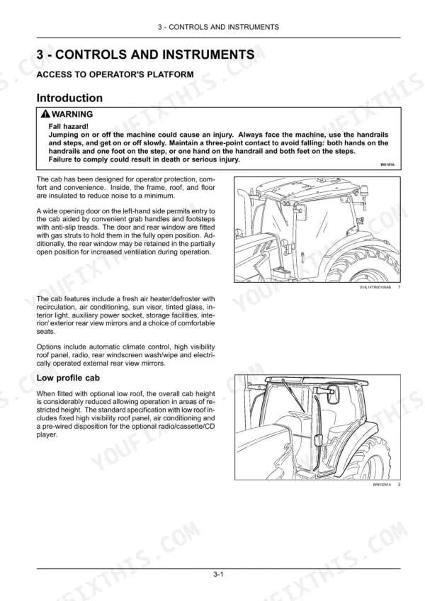 new-holland-t5-110-t5-140-series-tractor-operator-manual-51496431-controls-77.webp New Holland T5.110-T5.140 AutoCommand operator manual: cab access, safety warnings, and low profile cab diagrams.