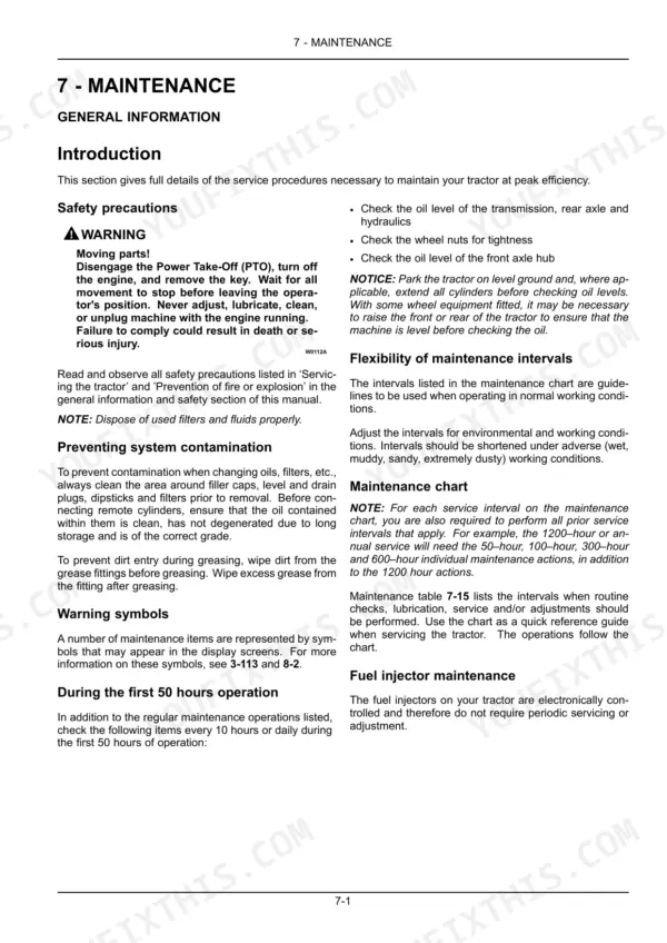 New Holland T5.110–T5.140 AutoCommand maintenance introduction, safety precautions, and contamination prevention procedures.