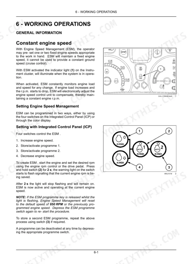 New Holland T5.110-T5.140 AutoCommand: Engine Speed Management (ESM) operation, instrument cluster indicator, and ICP switch programming procedures.