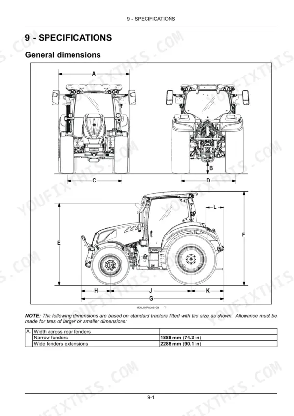 New Holland T5.110–T5.140 AutoCommand tractor general dimensions diagram and fender width specifications table.