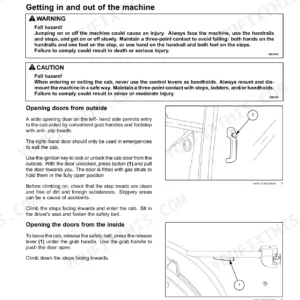 New Holland T5.120 operator manual controls: safety warnings for cab entry and procedures for opening doors from inside and outside.
