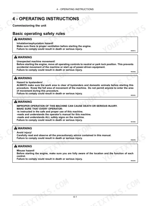 New Holland T5.120 operator manual page detailing basic operating safety rules, warnings, and commissioning procedures.