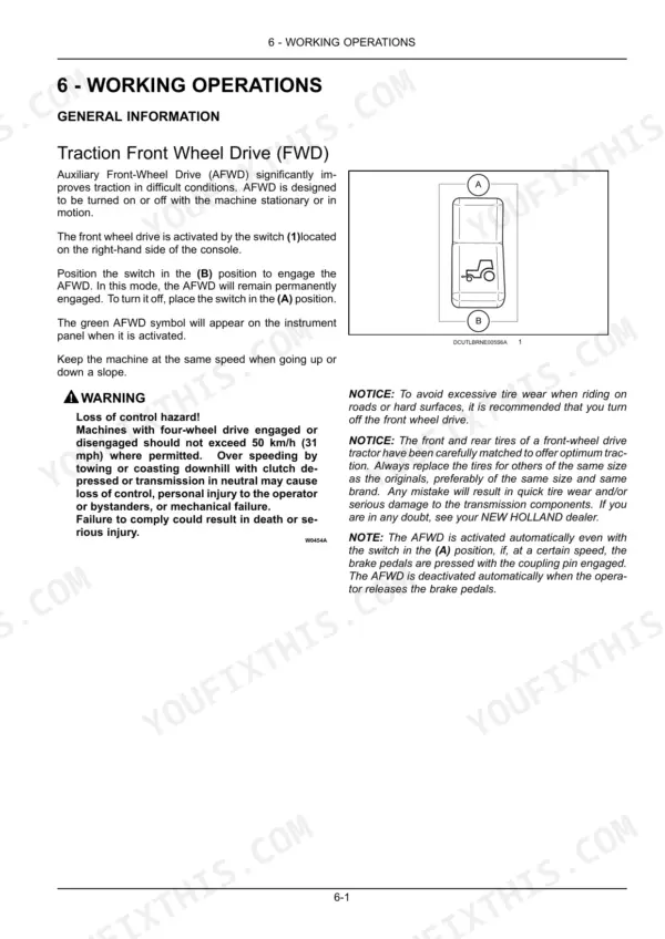 New Holland T6.110, T6.120, T6.130 operator manual page showing Traction Front Wheel Drive (FWD) switch operation.