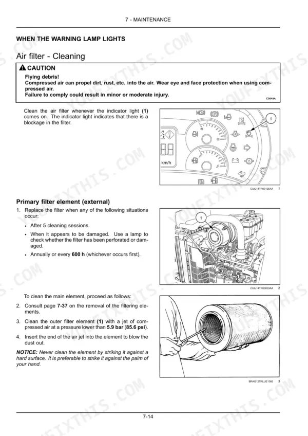 New Holland T6.110, T6.120, T6.130 air filter cleaning procedure, warning lamp indicator, and primary filter element maintenance.