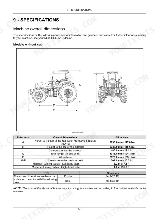 New Holland T6.110, T6.120, T6.130 tractor overall dimensions diagram and specifications table for models without cab.
