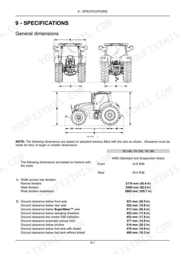 New Holland T6.140, T6.150, T6.160 general dimensions diagram and specifications table for tractor clearance and overall dimensions.