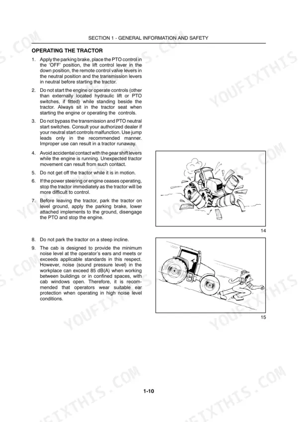 New Holland T7.220, T7.235, T7.250, T7.260, T7.270 tractor operating safety procedures and hazard warning illustrations.