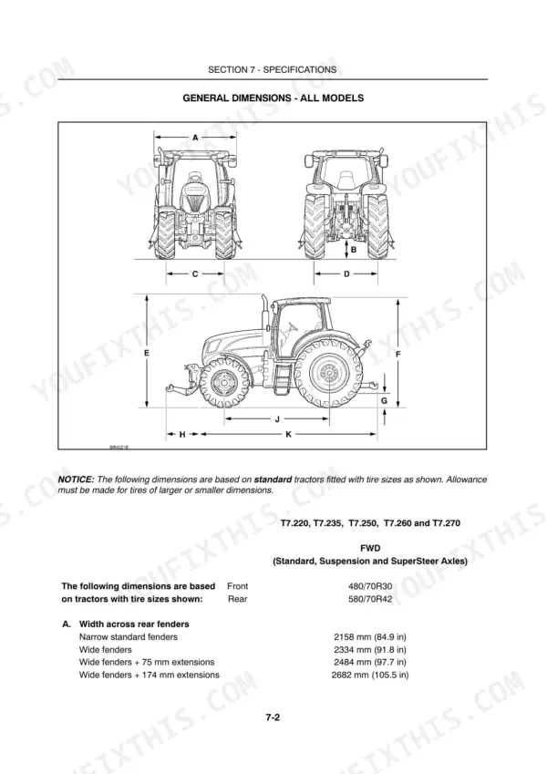 New Holland T7.220, T7.235, T7.250, T7.260, T7.270 general dimensions diagram and rear fender width specifications table.