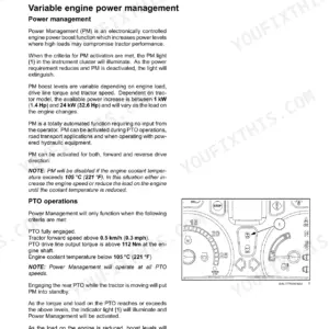 New Holland T7.230, T7.245, T7.260 variable engine power management and PTO operations guide with instrument cluster diagram.