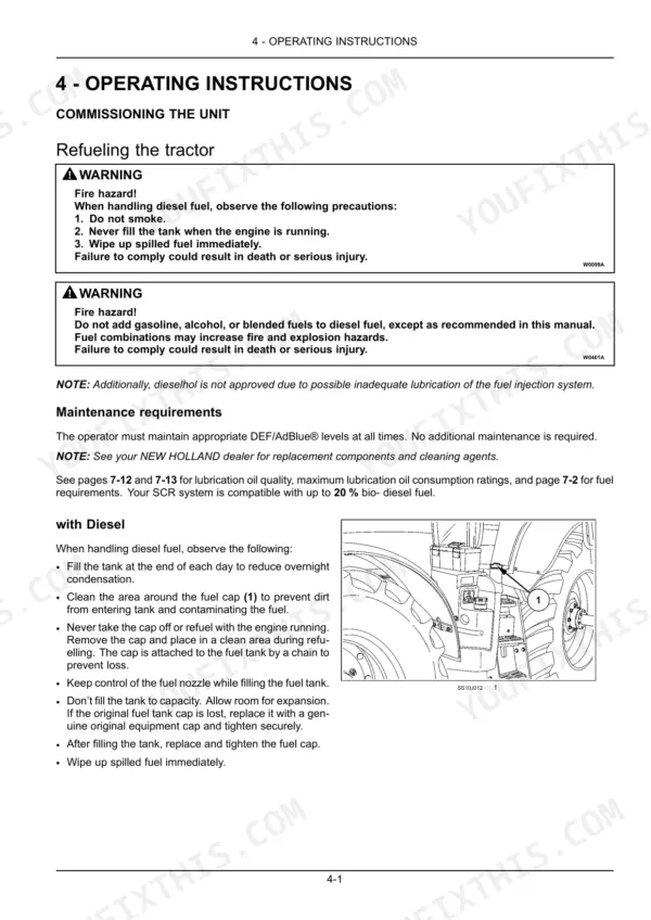 New Holland T7.220, T7.235, T7.250, T7.260, T7.270 operating instructions for refueling the tractor and fuel cap diagram.