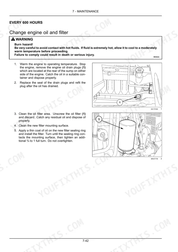 New Holland T7.220, T7.235, T7.250, T7.260, T7.270 engine oil and filter change procedure with drain plug and filter diagrams