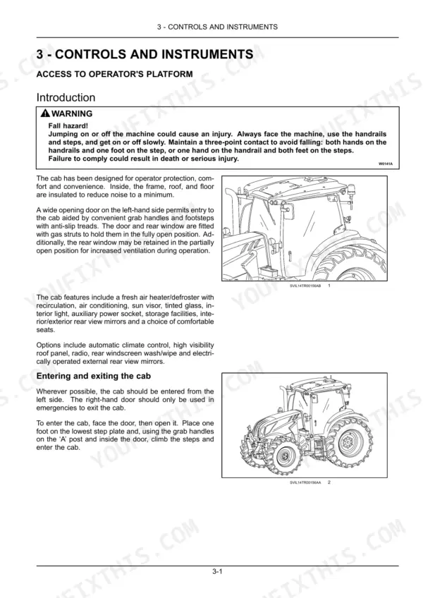 new-holland-t7-series-tractor-operator-manual-47960466-controls-73.webp New Holland T7.230, T7.245, T7.260, T7.270 operator manual page showing cab access safety warnings and entry procedures.