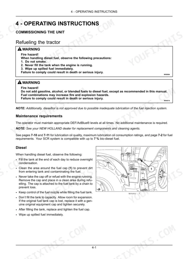 New Holland T7.230, T7.245, T7.260, T7.270 operating instructions for refueling the tractor and fuel cap location diagram.