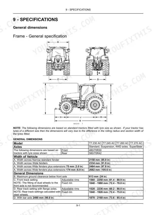 New Holland T7.230, T7.245, T7.260, T7.270 general dimensions diagram and specification table for tractor frame and track settings.