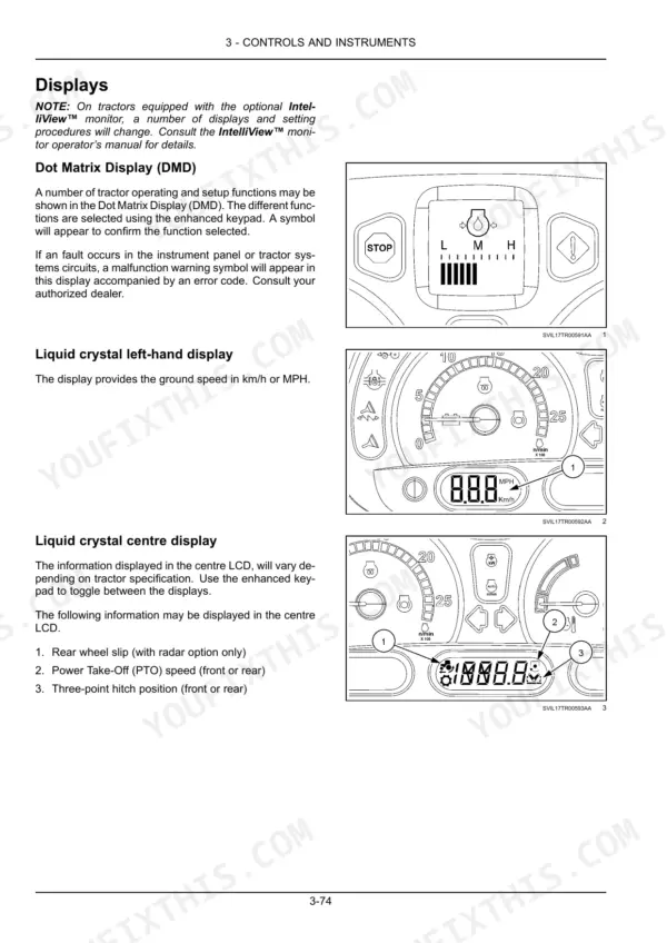 New Holland T7.230-T7.270 AutoCommand: Dot Matrix, left-hand, and centre LCD instrument display diagrams and operating instructions.