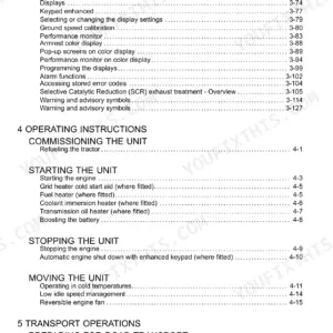 New Holland T7.230-T7.270 AutoCommand manual table of contents for instrument cluster, operating, and transport procedures.