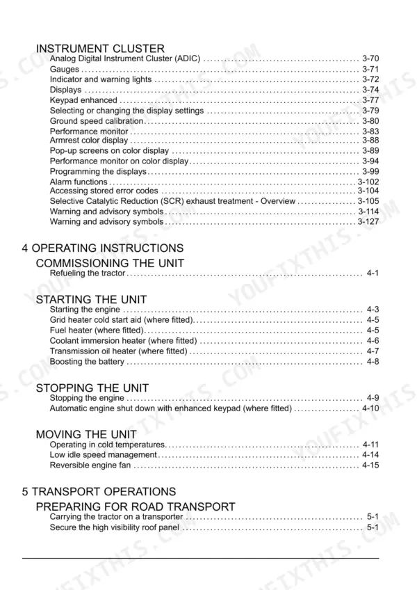 new-holland-t7-series-tractor-operator-manual-51519063-page-4.webp New Holland T7.230-T7.270 AutoCommand manual table of contents for instrument cluster, operating, and transport procedures.