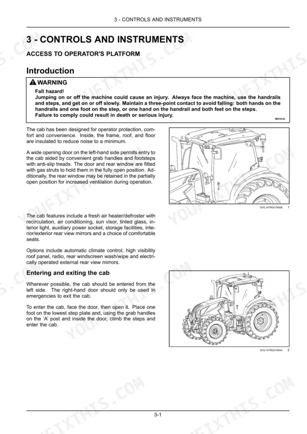 new-holland-t7-series-tractor-operator-manual-51544491-controls-77.webp New Holland T7.175, T7.190, T7.210, T7.225 operator manual page showing cab access safety warnings and entry procedures.