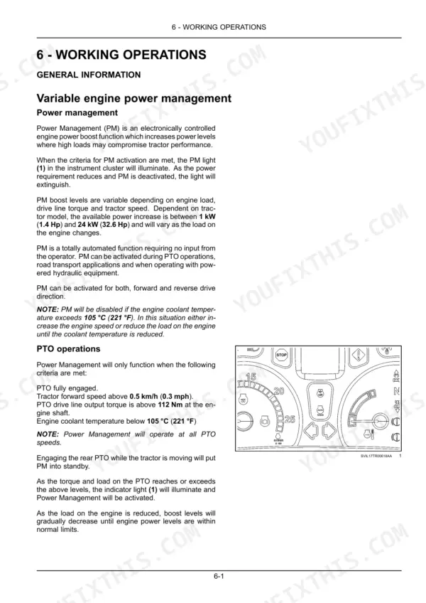 New Holland T7.175, T7.190, T7.210, T7.225 variable engine power management and PTO operations guide with instrument cluster diagram