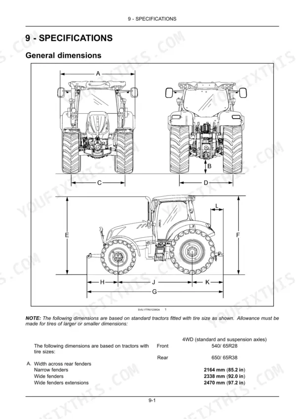 New Holland T7.175, T7.190, T7.210, T7.225 general dimensions diagram showing tractor exterior measurements and fender width specifications.