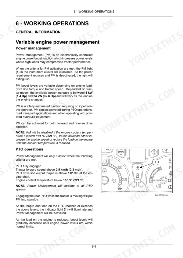 new-holland-t7-series-tractor-operator-manual-51608032-operations-227.webp New Holland T7.230, T7.245, T7.260, T7.270 variable engine power management and PTO operations procedures with instrument cluster diagram.