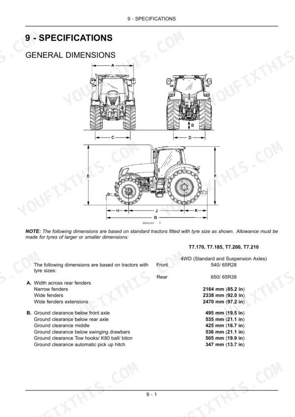 New Holland T7.170, T7.185, T7.200, T7.210 general dimensions diagram and specifications table for tractor fender and ground clearance.